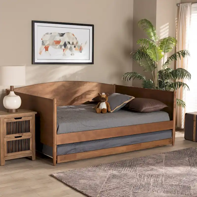 Modern Ash Walnut Finished Wood Full Size Daybed with Trundle
