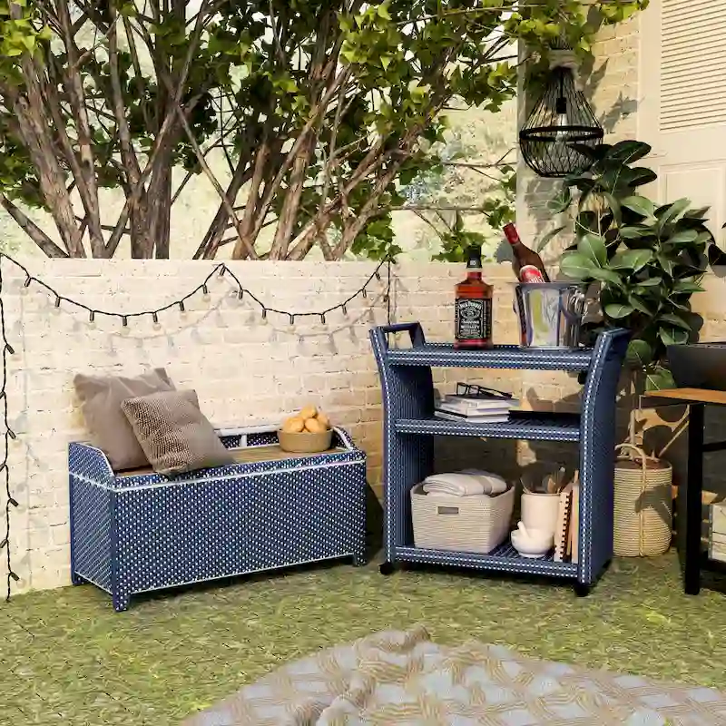 Courtnie Beach Navy Wicker 2-piece Storage Bench and Serving Cart Set by Furniture of America