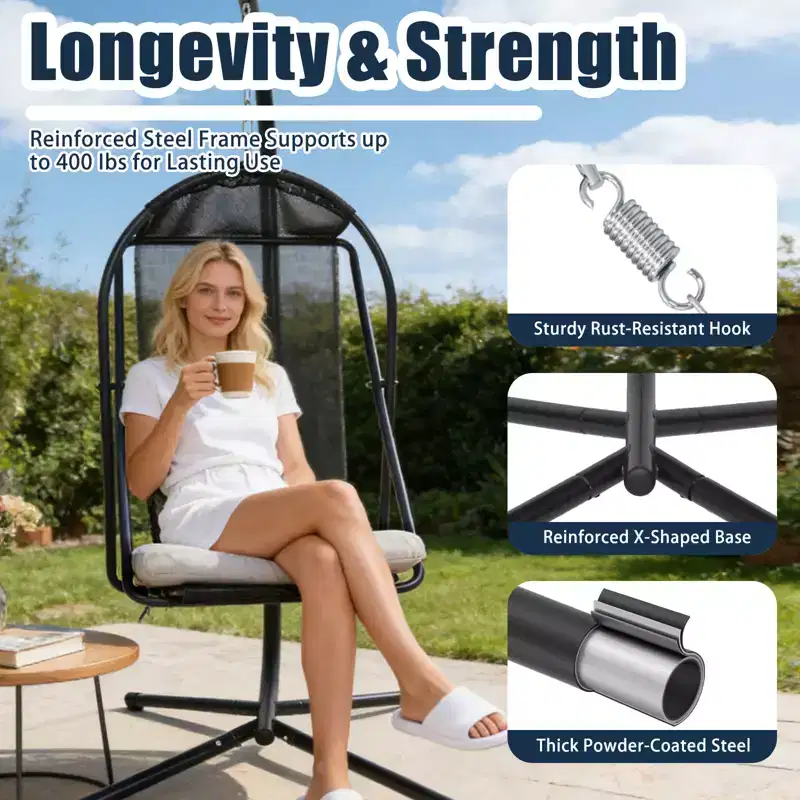 GDFStudio Aleksei Modern Metal Patio Hanging Egg Chair with Water and UV Resistant Cushion