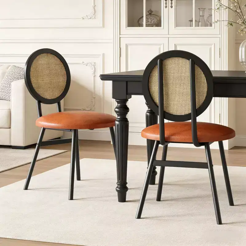 Rattan Dining Chairs with Thicken Upholstered and Metal Legs for Living Room