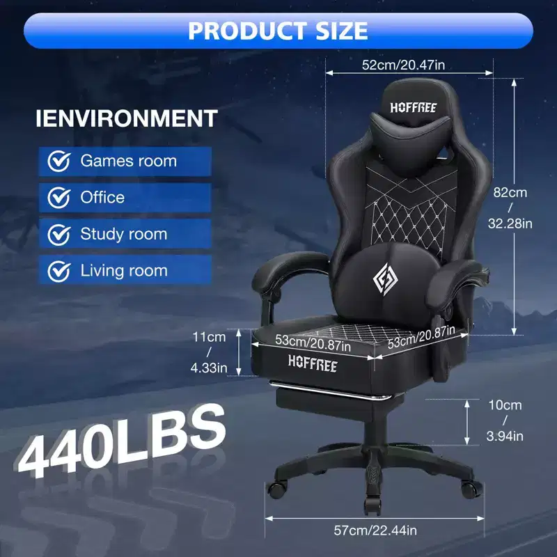 Hoffree Leather Massage Gaming Chair Ergonomic Office PC Chair with Bluetooth Speaker & Footrest