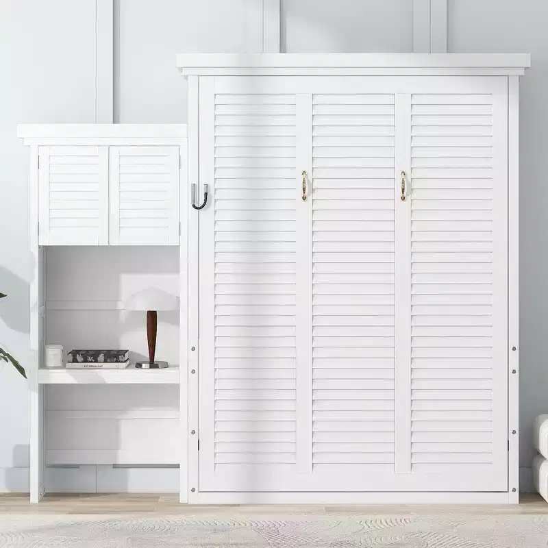 Queen Size Murphy Bed with Multiple Storage Shelves and Louvered Style Decoration