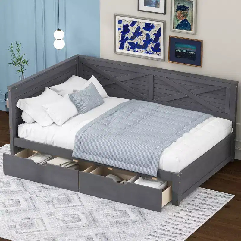 Twin Size Daybed Frame with Storage Drawers, Farmhouse L Shaped Corner Daybed Bed for Bedroom, Grey