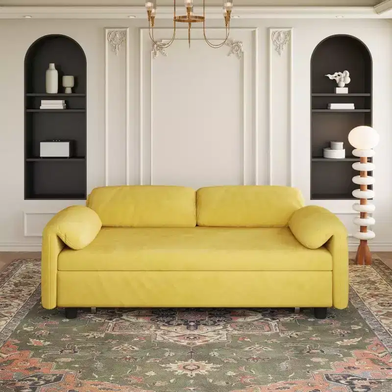 54-inch Modern Convertible Sofa, Velvet Sofa Bed with Storage Pockets, Retractable 2-in-1 Loveseat for Living Room, Small Space