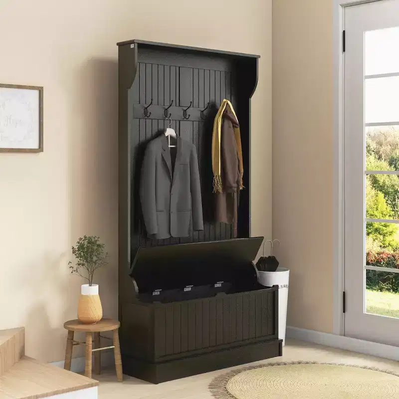HOMCOM 3-In-1 Hall Tree Storage Bench and Coat Rack with 5 Steel Double Hooks, and Anti-Topple Anchor for Entryway