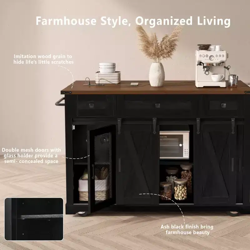 58-Inch Farmhouse Rolling Kitchen Island with Sliding Barn Door, Drop Leaf & Built-In Charging Station