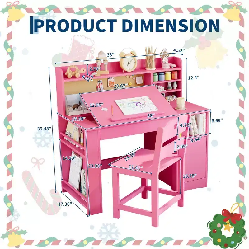 COZONY Kids Study Desk & Chair Set with Storage, Tiltable Desktop and Hutch, Wooden Student Writing Table for 3-9 Year Olds, Adjustable Desk