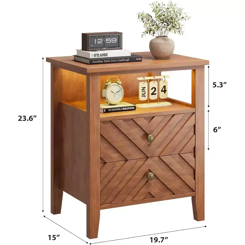 Nightstand with 2 Drawers, Stable Wooden Legs Farmhouse Nightstand, Wooden Rustic Bedside Table for Bedroom Living Room, 2 pcs, Brown