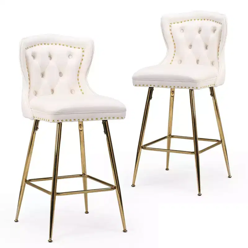 Okak Bar Stools Set of 2, Velvet Counter Height Barstools with Button Tufted Wing Back and Nailhead Trim, Elegant Bar Chairs for Kitchen Island