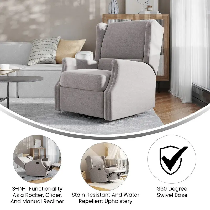 Wingback Upholstered Manual Recline Rocking Swivel Glider Chair