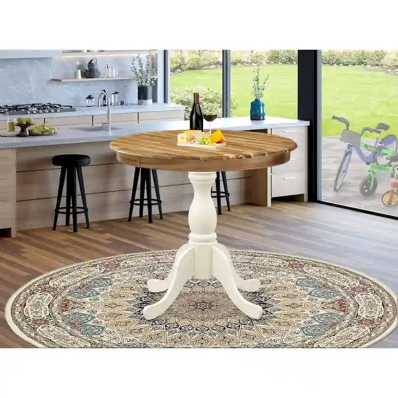 Natural & Linen White Round Dining Table, Pedestal Base