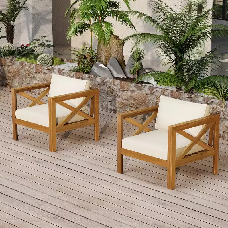 Patio Conversation Set for Small Spaces, Outdoor Acacia Wood Seating with Cushions and Foldable Side Table for Balcony, Deck, Garden-Panipeachy
