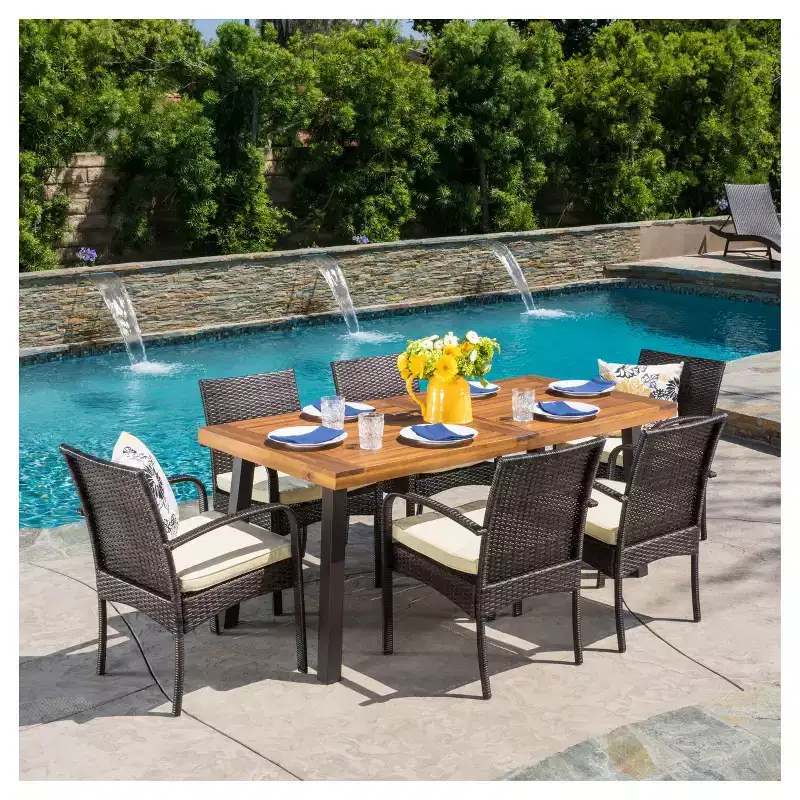 Bavaro 7pc Rectangle All-Weather Wicker and Wood Patio Dining Set - Brown/Cream - Christopher Knight Home: Galvanized Steel, Polyester Cushions