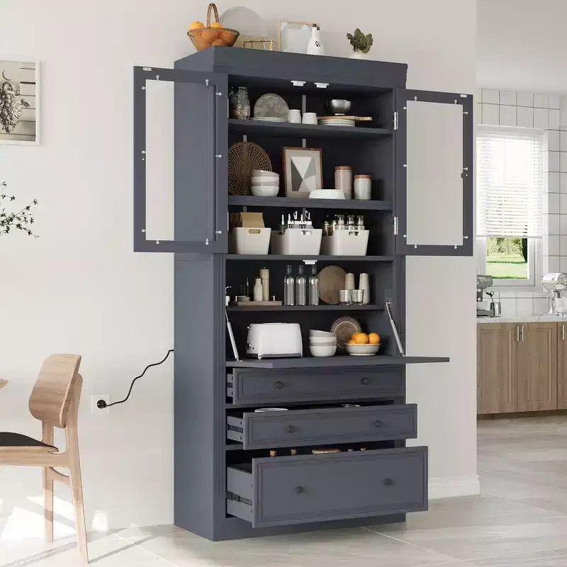 Whisen 78 Freestanding Kitchen Pantry, Tall Cupboard Storage Cabinet with Adjustable Shelves, 3-Drawers