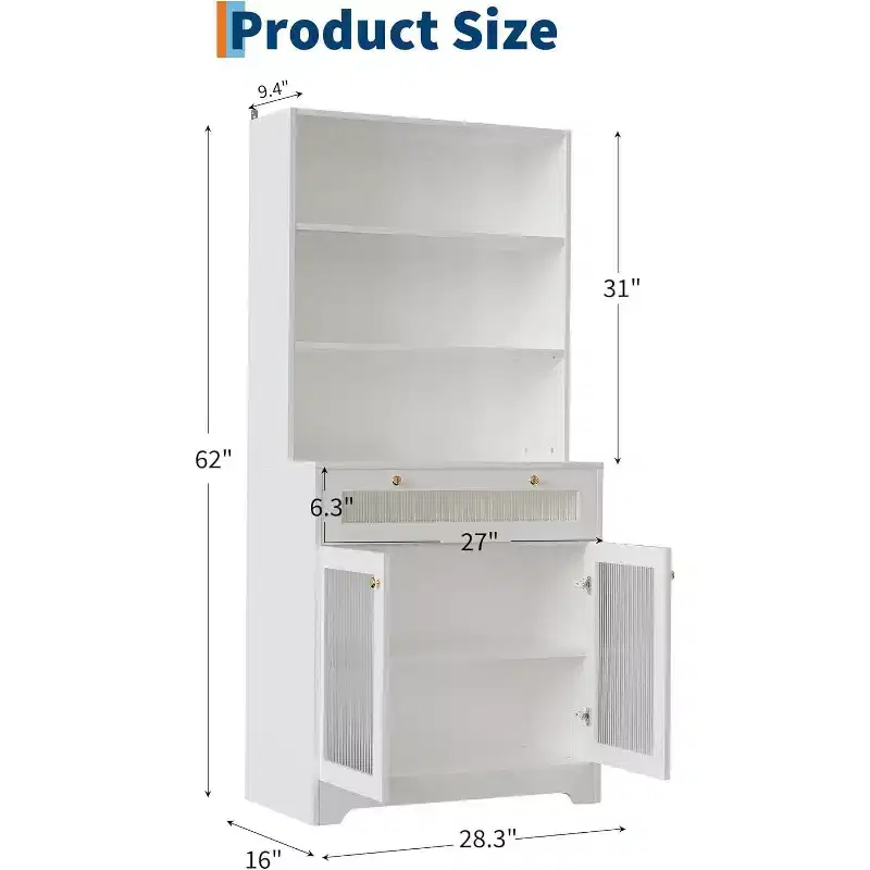 Kitchen Pantry Cabinet with Glass Doors, 3-Tier Open Shelf & Drawer, Adjustable Shelves, Coffee Bar Table for Kitchen & Dining Room, White