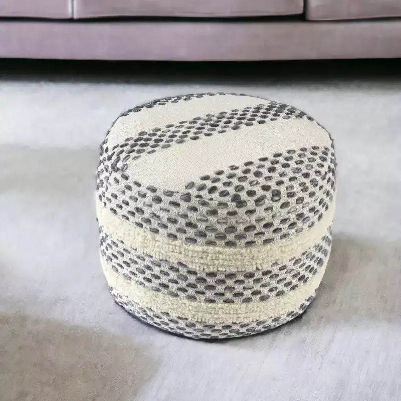 HomeRoots 18 Ivory and Blue Cotton Blend Round Striped Pouf Ottoman