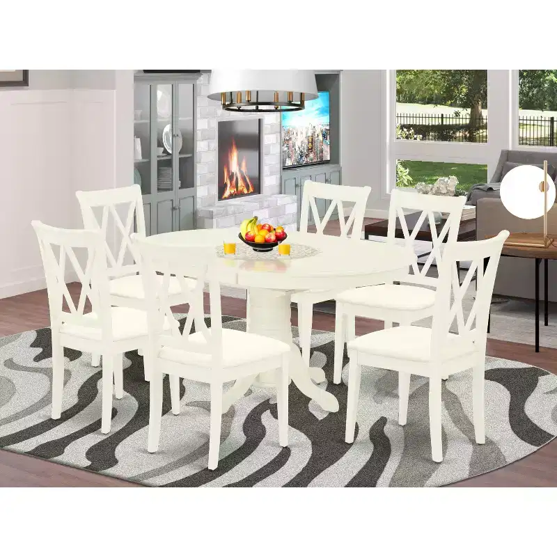 HomeStock 7 Piece Linen White Dining Room Table Set Oval Table with 6 Chairs