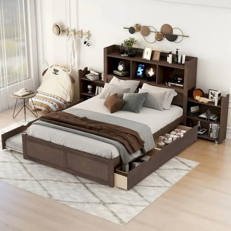Merax Full Size Storage Platform Bed with Pull Out Shelves, Twin Size Trundle and 2 Drawers