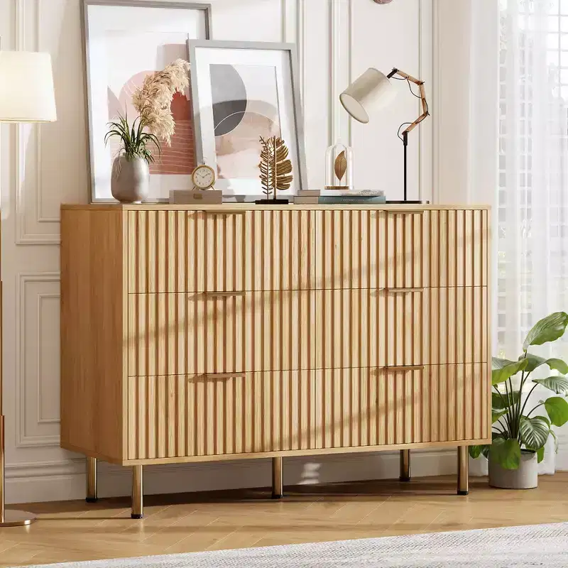 Modern Fluted 6 Drawer Dresser, Wooden Chest with Deep Storage, Large Double Dresser & TV Stand for Bedroom, Living Room, Hallway, Kids Room