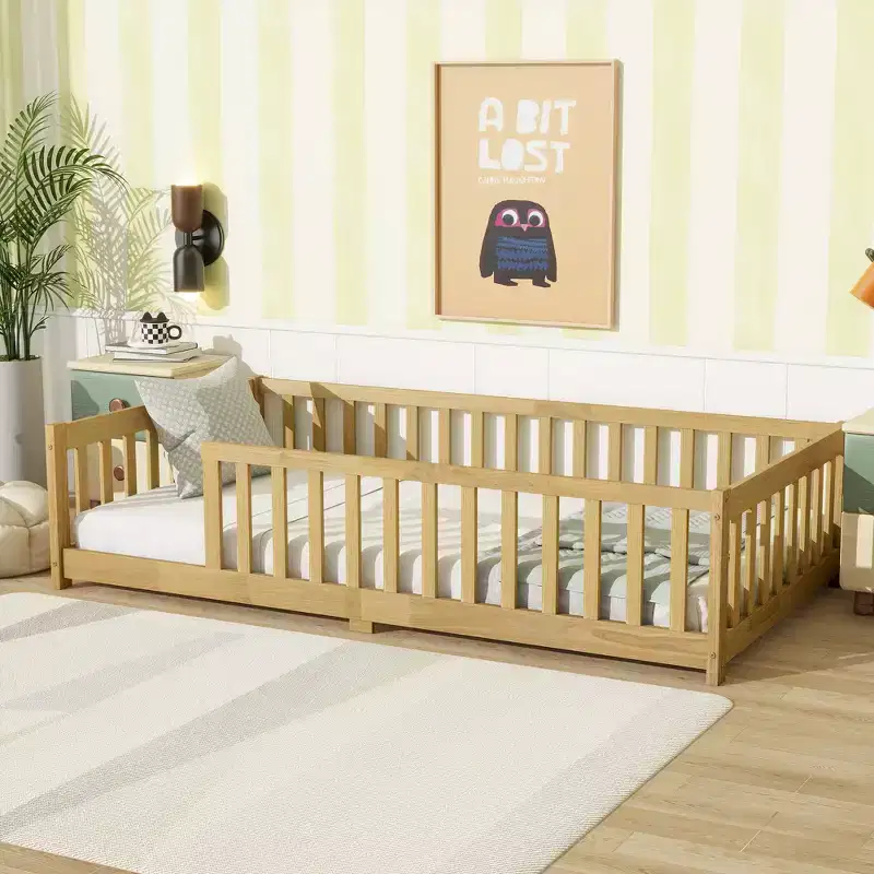 Twin Floor Bed with Fence and Guardrails – Rubberwood, Beige