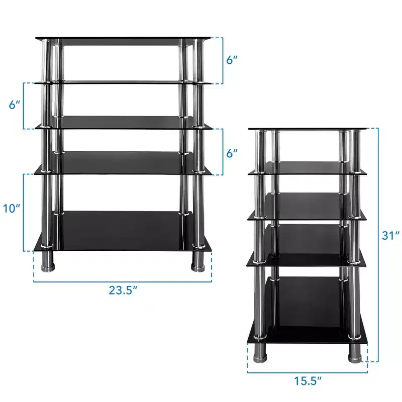 Tempered Glass AV Media Stand - 5 Shelves, 220 lbs Capacity, Black Shelves & Chrome Legs