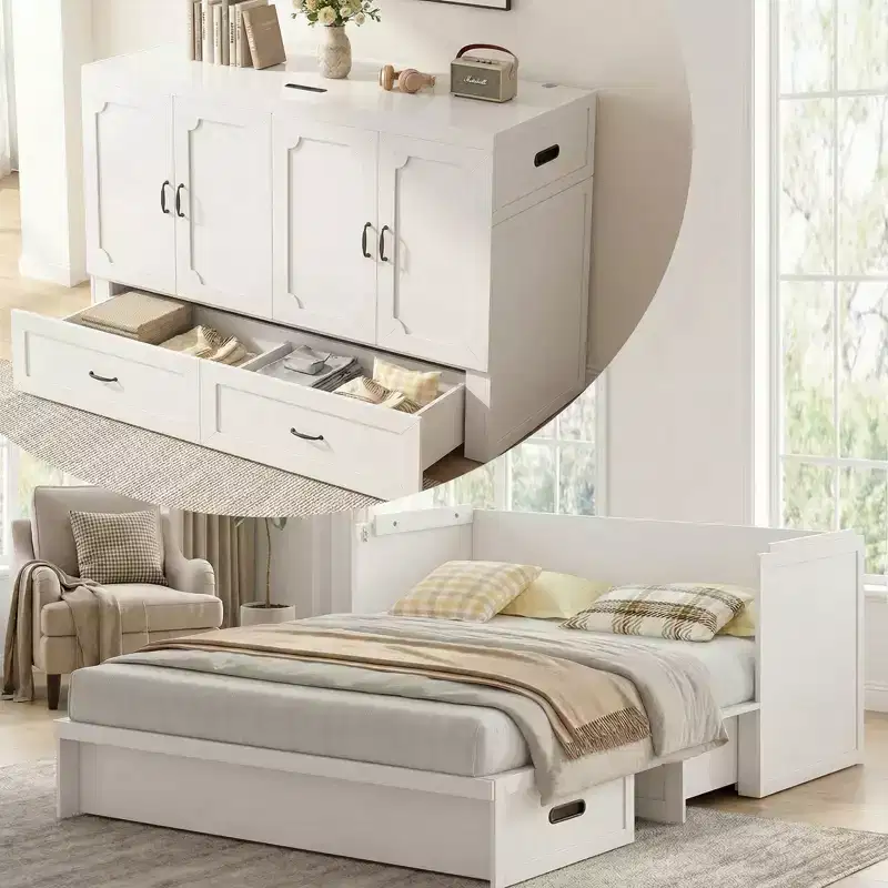 Mjkone Queen Size Convertible Murphy Cabinet Bed with Mattress, USB Charging, Storage Drawers