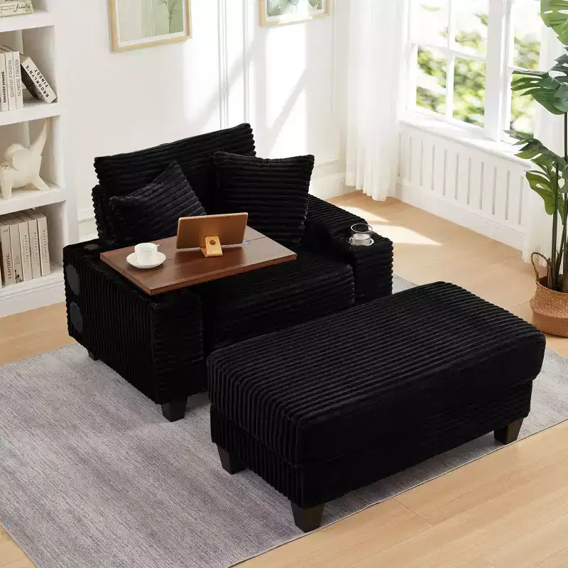 Okak Modern Oversized Sofa Futon Couch with Ottoman & Rotating Side Table,Comfy Sleeper Sofa Chair for Living Room,Apartment