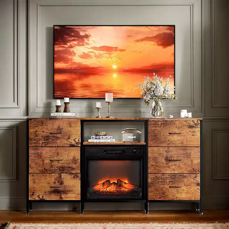 Farmhouse 58'' TV Stand For Tvs Up To 70'' With Electric Fireplace and 6-Drawer