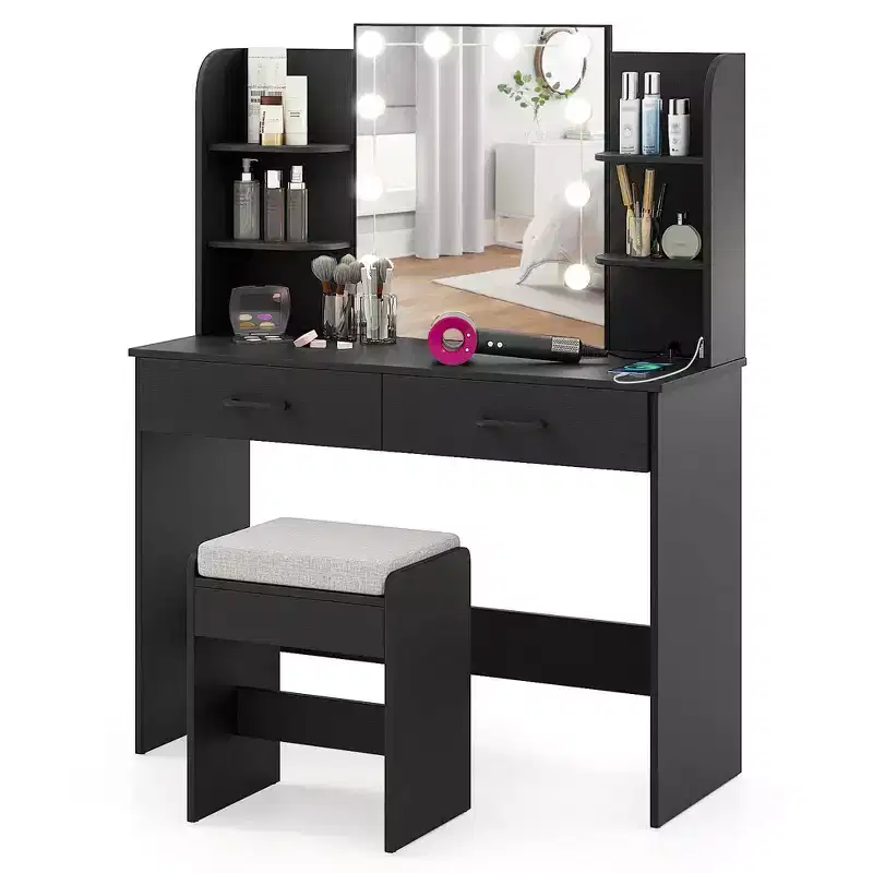 Makeup Vanity Desk with Lighted Mirror Charging Station 3-Color Dimmable LED Lights White/Black
