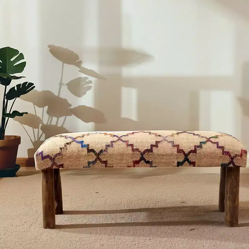 GDFStudio Martina Modern 45 Solid Wood and Jute Fabric Upholstered Bench