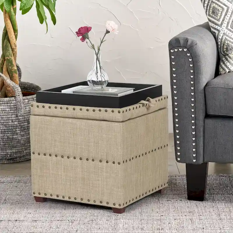 Adeco Fabric Square Ottoman with Tray