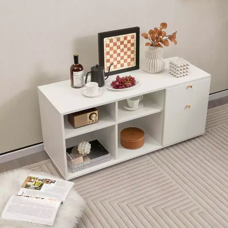 Storage Cabinet with 2 Drawers, 4 Open Cubes, Adjustable Feet, White