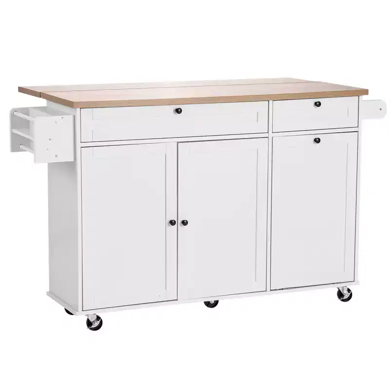 VEVOR Kitchen Island Cart with Storage, 60in Wide Mobile Kitchen Cart with Wheels, Drop Leaf, 2 Drawers, Trash Can Cabinet, Knife Holder,White