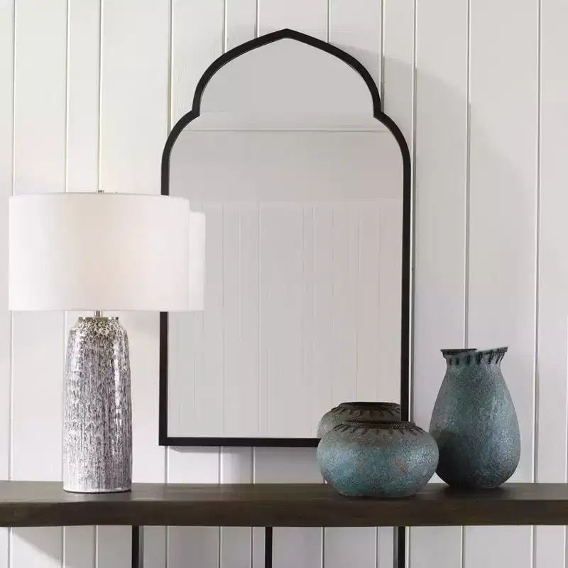 Uttermost Arch Vanity Decorative Wall Mirror Modern Bold Matte Black Forged Iron Frame 24 Wide for Bathroom Bedroom Living Room