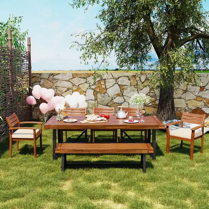 7-Piece Acacia Wood Outdoor Dining Set with Removable Cushions, Patio Furniture Set with Ergonomic Chairs and Bench For 7-8 Person 4W - ModernLuxe