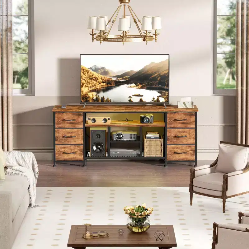 Qwatto 55 Inch Brown TV Stand Dresser with Charging Station LED Lights 6 Fabric Drawers Entertainment Center for TVs up to 60 Inch Bedroom Storage