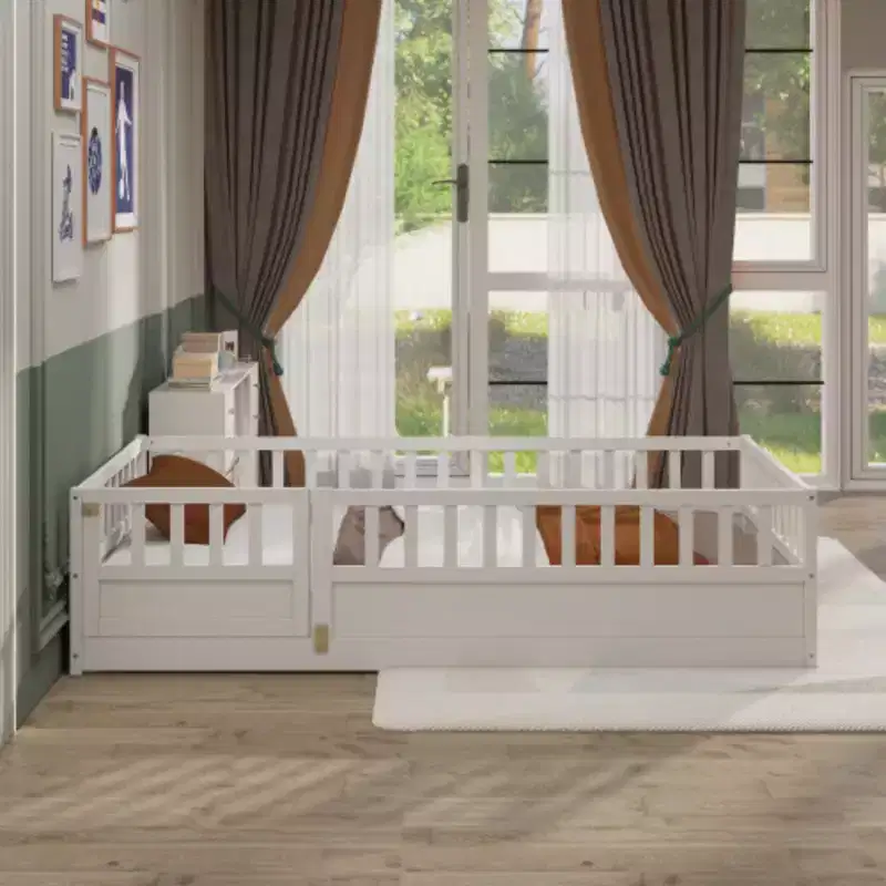 Single-Person Low-Profile Floor Bed with High Security Barrier, Pine Wood