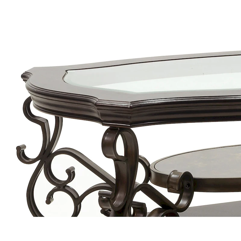 Traditional Tempered Glass Top Table Set with Coffee Table, Console Table, End Table, and Retro Metal Legs
