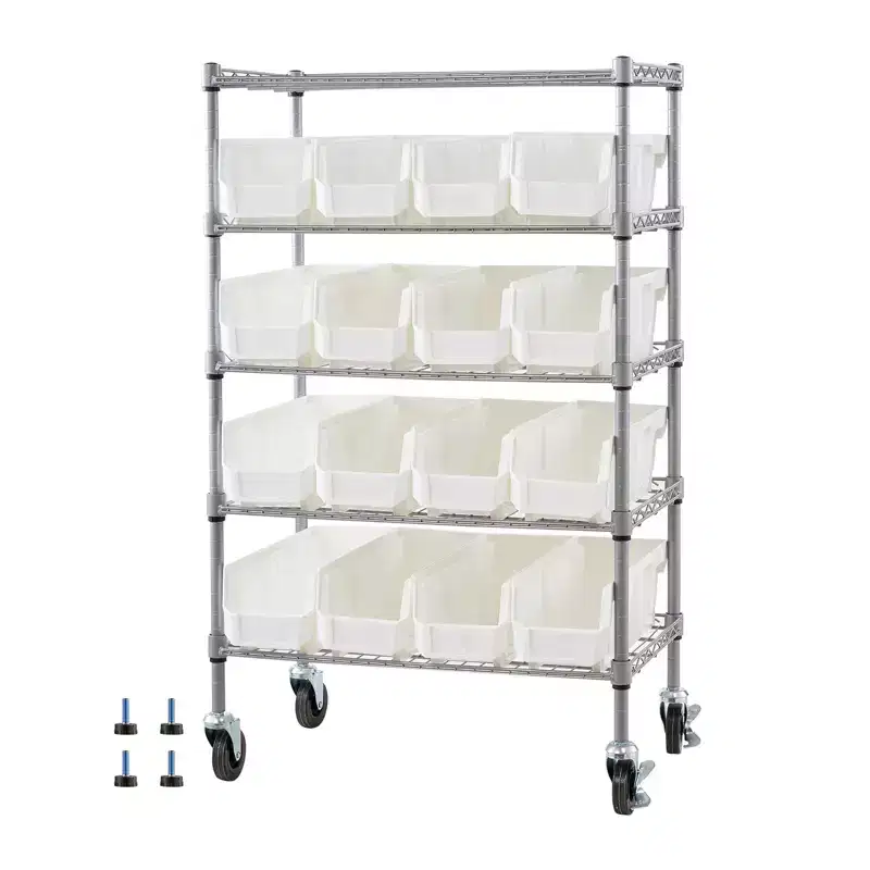 VEVOR 5-Tier Rolling Bin Storage Rack, 16 Organizer Bins, Bin Rack Storage Steel Wire Shelving System with Wheels, Mobile Tool Organizer,Silver+White