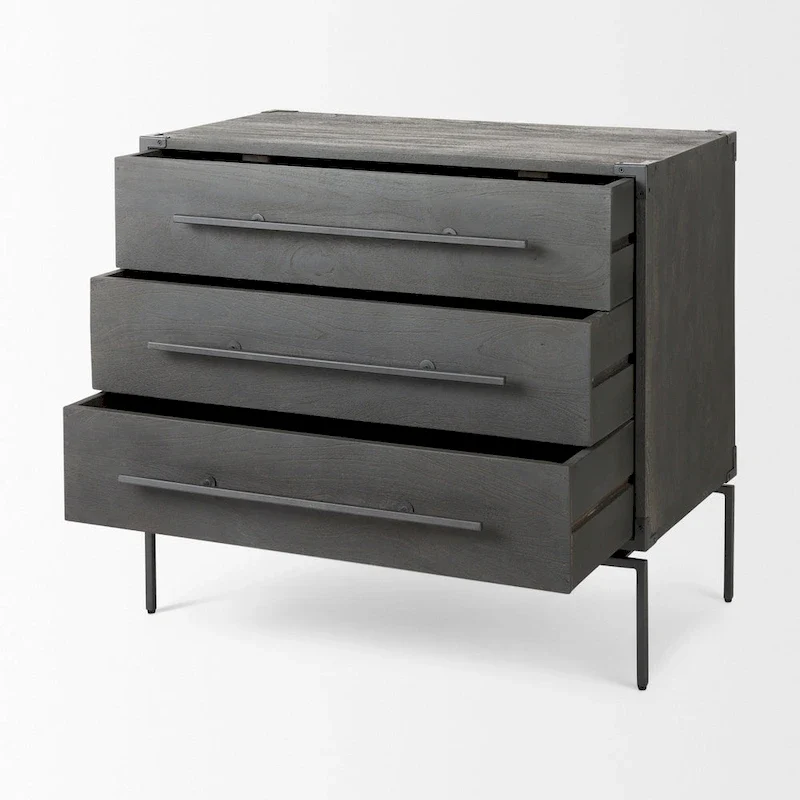 Dark Brown Solid Wood 3-Drawer Accent Cabinet with Black Iron Base