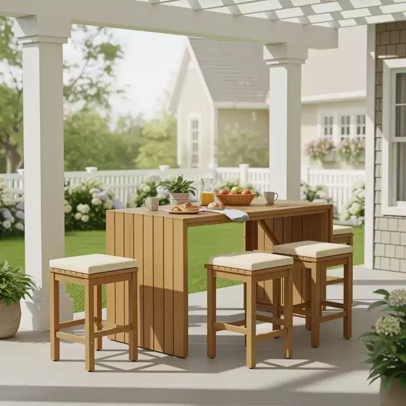 GDFStudio Mason Patio Modern Acacia Wood 5-Piece Bar Height Table Set with 4 Cushioned Stools