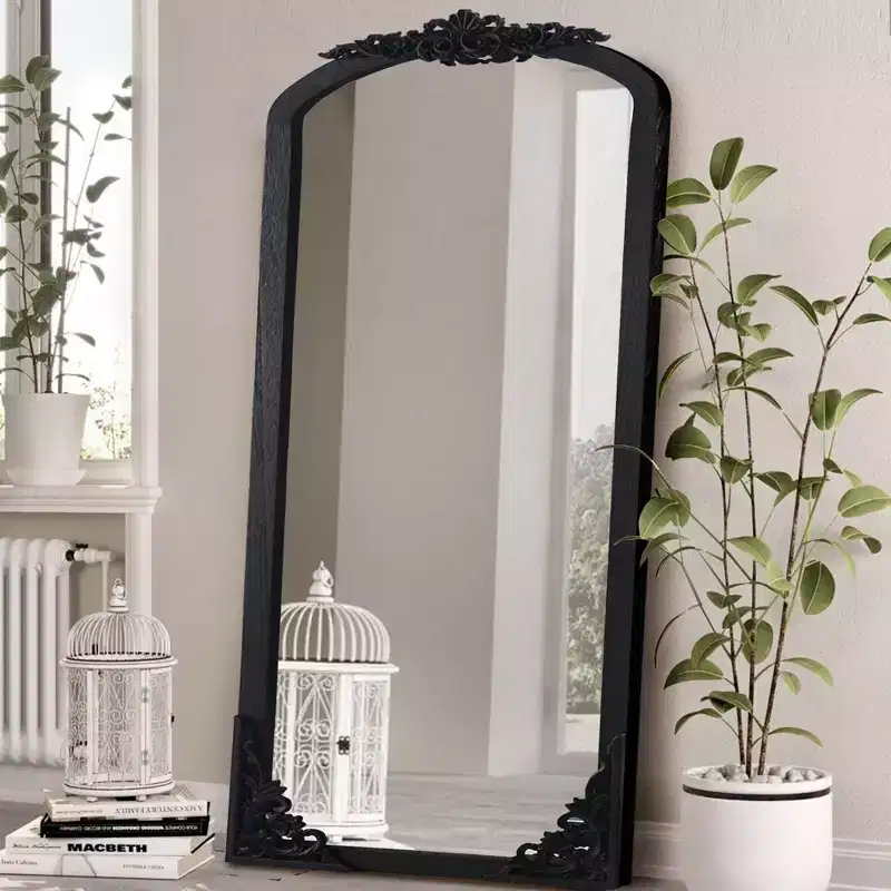 PexFix 30 in. W x 69 in. H Rustic Arched Solid Wood Framed DIY Carved Full Length Mirror in Black