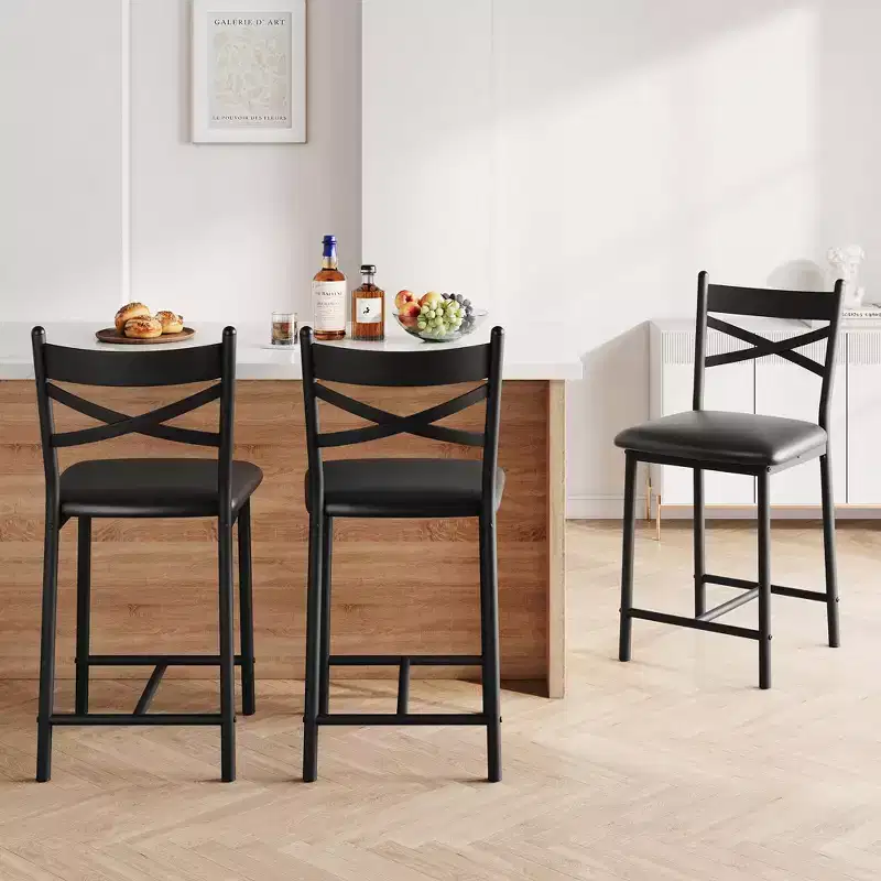 Set of 2 Counter Height Bar Stools with Back, Upholstered Faux Leather Bar Chairs with Thick Cushion and Footrest