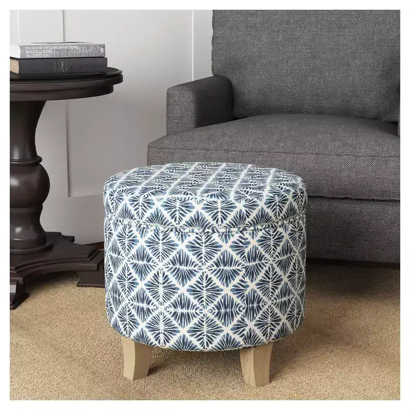 Round Storage Ottoman with Lift-Off Lid and Flared Wood Legs