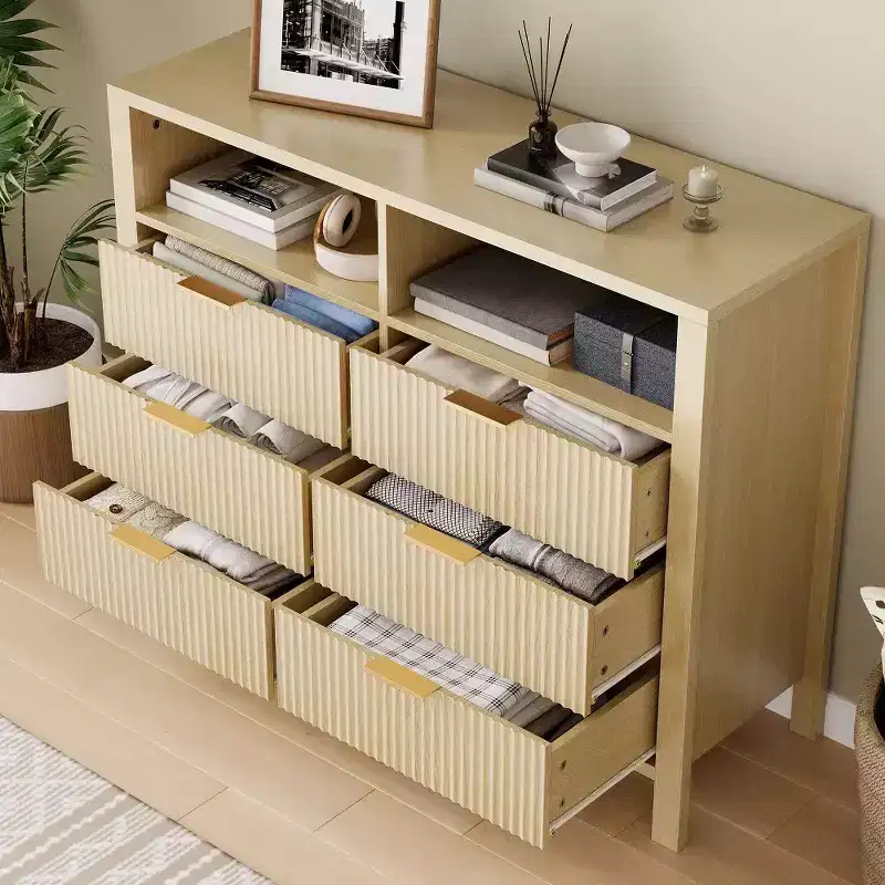 6 Drawer Dresser for Bedroom, Farmhouse Chest of Drawers with 2 Open Shelves and Fluted Doors, Home Storage and Organization for Living Room