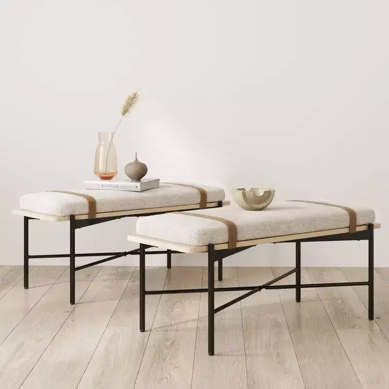 Entryway Bench – Removable Boucle Cushion, Vegan Leather Straps, Curved Edge