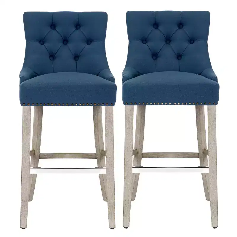 29 Linen Tufted Buttons Upholstered Wingback Bar Stool (Set of 2), Tea