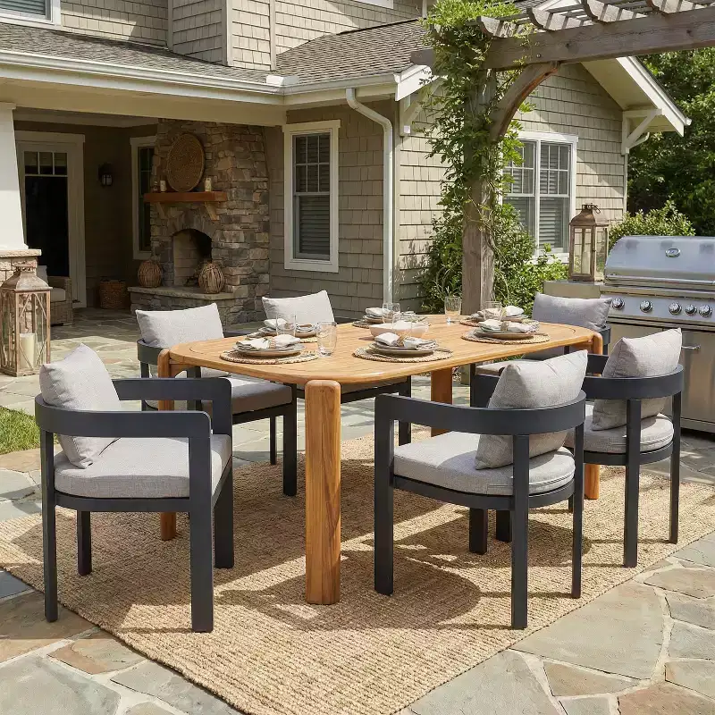 Christopher Knight Home Elko Modern 7 Piece Outdoor Acacia Wood Slatted Dining Table with Aluminum Chairs and Cushions