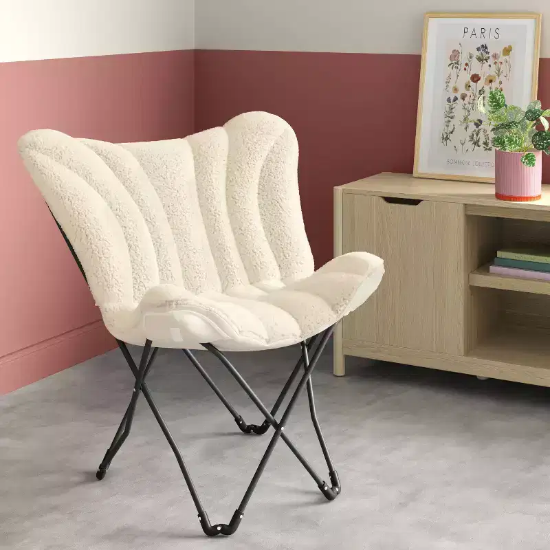 Faux Shearling Butterfly Chair with Steel Frame – Cream