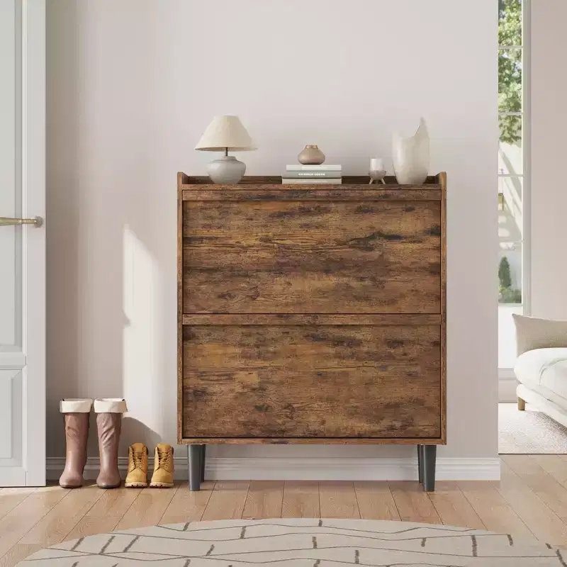 Flip-out drawer shoe cabinet with adjustable wooden shelves, ideal for entryways, hallways, and living rooms as a concealed shoe storage solution.